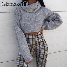 Load image into Gallery viewer, Glamaker Grey knitted turtleneck short sweater Women autumn pull crop sweater ladies jumper winter Female pull knitwear pullover